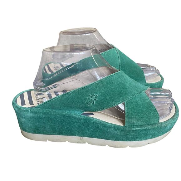 Fly London Wedge Slide Sandals 8.5 EU 39 Green Suede Leather Wide Straps Comfort - Picture 1 of 12